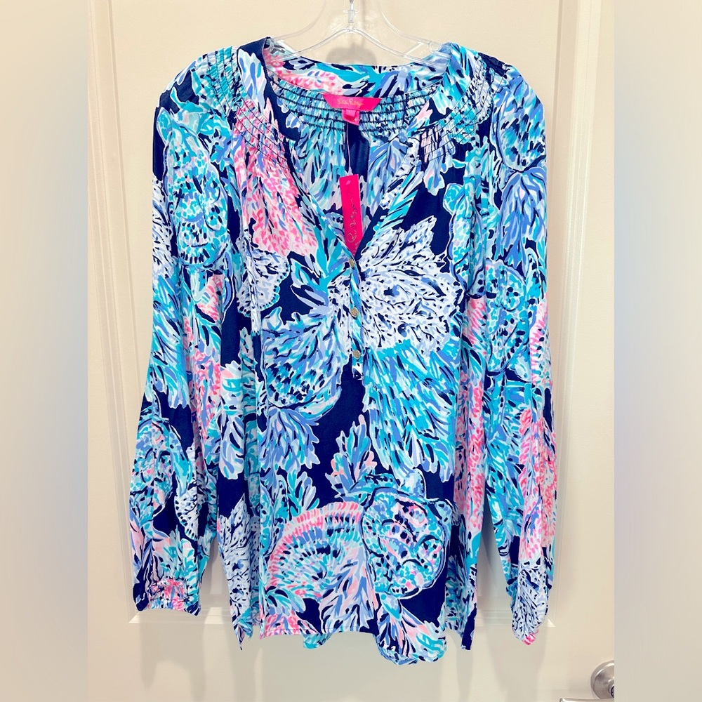 NWT Lily Pulitzer navy and pink Silk Elsa Top size large